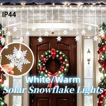 Christmas & Halloween Party Decoration Solar Powered Icicle Snowflake String Lights, Warm/Colorful/White 3 Color Modes, 4*0.6m Wave Style Hanging 16 Strands 96LEDs, 3D Hollow Snowflake Pendants, Transparent And Lightweight, Natural Snowfall Pattern, Clear Petal Outline, Soft Diffused Light, Hanging Ice & Snow Curtain Effect, Dreamy Night View - Solar Powered Snowflake Ice Bar Lights - View 6