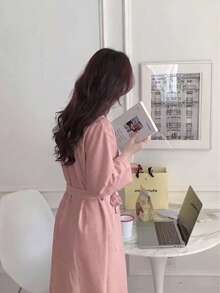 Women's Fashion Loose Casual Waffle Knit Solid Color Bathrobe High-End Loungewear - Pink - View 5