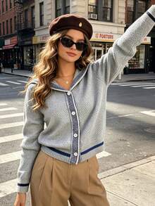 Preppy Contrast Trim Sailor Collar Sweater, Textured Single-Breasted Short Casual Knit Cardigan - Grey - View 5