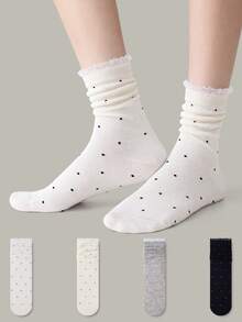 ZUJO 4 Pairs Women's Mid-Calf Slouch Socks, Ruffled Polka Dot Pattern, Suitable For All Seasons, Perfect For Home And Travel, Simple And Comfortable, Random Color - Multicolor - View 3