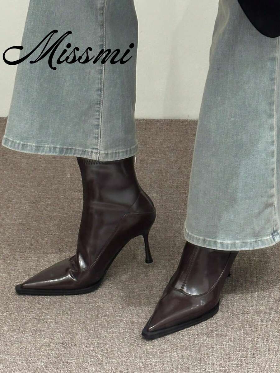 2025 Autumn/Winter New European & American Pointed Toe High Heel Ankle Boots, Slim Fit Patchwork Ankle Boots, Retro Brown Ankle Boots, Boots For Women