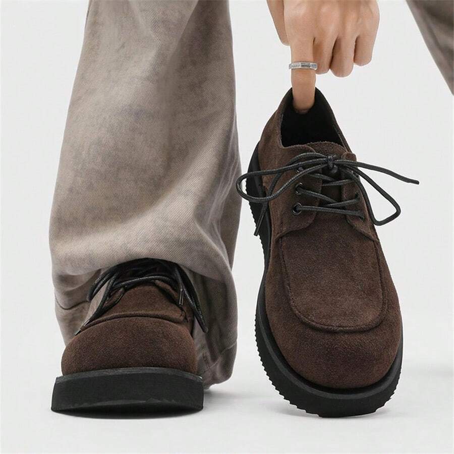 New British Style Matte Surface Thick Sole Derby Shoes Chunky Heel Retro Casual Shoes - Brown - View 1