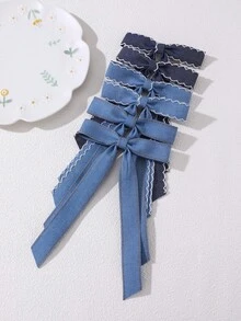 2pcs/6pcs Girls Denim Fabric Bow Hair Clips, Wavy Edge Long Ribbon Alligator Hair Clips, Gentle Atmosphere Side Hair Clips Hair Accessories - Multicolor - View 2