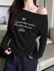 Women's New Long Sleeve T-Shirt For Spring Autumn Winter, Japanese Street Style, Sexy Cold Shoulder, Fashionable Niche Design, Loose Fit, Flattering, Pure Desire Style, Minimalist Versatile, Bowknot Letter Print, Daily Commute, Back To School Season, Off Shoulder, Korean Style Top - White - View 2