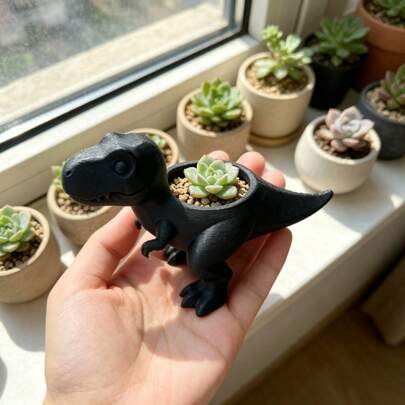 Mini Tyrannosaurus Rex Dinosaur Planter - Vintage 3D Printed Plastic Pot (Plants Not Included) Suitable For Succulents And Herbs, Cute Plant Container/Outdoor Decor, Ideal Gift, Tyrannosaurus Rex Design Window Sill Desktop Ornament