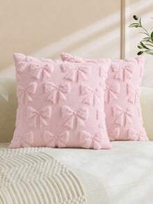 Schleifenkissenbezug, schafft gemütliche Raumdekoration, Kunstfell, weich und flauschig, Schleifenverzierung, Preppy-Stoff, geeignet für Sofa, Herbst- und Weihnachtsdekoration (18 x 18 Zoll/45 x 45 cm) Heimdekoration, Raumdekoration, Feiertagsdekoration, Rosa - Pink - Übersicht 1