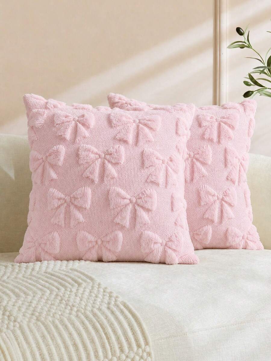 Schleifenkissenbezug, schafft gemütliche Raumdekoration, Kunstfell, weich und flauschig, Schleifenverzierung, Preppy-Stoff, geeignet für Sofa, Herbst- und Weihnachtsdekoration (18 x 18 Zoll/45 x 45 cm) Heimdekoration, Raumdekoration, Feiertagsdekoration, Rosa - Pink - Übersicht 1