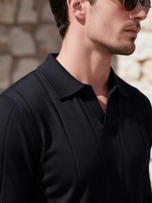 Men's Casual Fashion Long Sleeve Seagull Collar Ribbed Knit Polo Shirt - Black - View 3