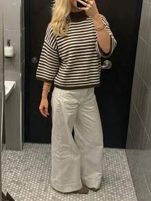 Women's Autumn New Color Block Striped Turtleneck Knit Sweater, Casual, College Style, Commuting - Dark Coffee - View 2