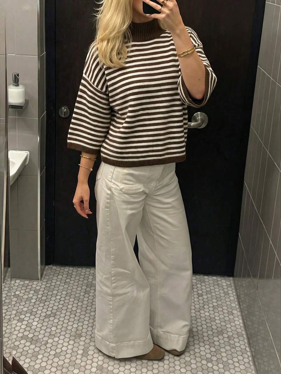 Women's Autumn New Color Block Striped Turtleneck Knit Sweater, Casual, College Style, Commuting - Dark Coffee - View 1