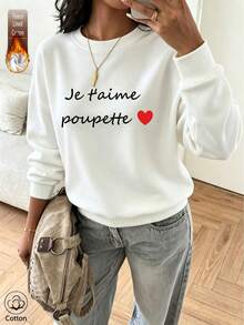 Women's Fleece Lined Pure Cotton Pullover Sweatshirt, Long Sleeve Round Neck Drop Shoulder Ribbed Knit Top, Suitable For Autumn Casual Wear, Warm And Soft - White - View 10