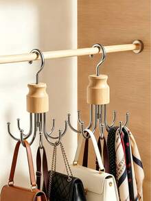Vintage Style Wooden & Iron Rotating Storage Hook Rack, 8 Curved Round Head Hooks, 360° Rotating Design, Space-Saving Vertical Hanging Organizer, Suitable For Handbags, Scarves, Belts, Hats, Ideal For Daily Home Storage, Bedroom And Closet Use, All Seasons - Multicolor - View 10