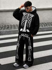 Setelan Pria Zrgoth: Hoodie Resleting Motif Tengkorak Penuh + Celana Jogging Lebar dengan Tali Serut, Gaya Gothic Hitam, Pakaian Kasual Jalanan Halloween 2 Potong - Hitam - View 1