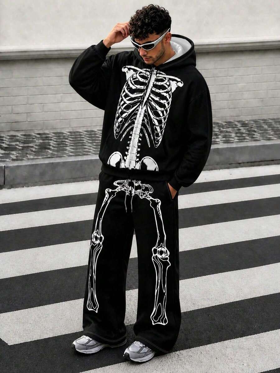 Setelan Pria Zrgoth: Hoodie Resleting Motif Tengkorak Penuh + Celana Jogging Lebar dengan Tali Serut, Gaya Gothic Hitam, Pakaian Kasual Jalanan Halloween 2 Potong - Hitam - View 1