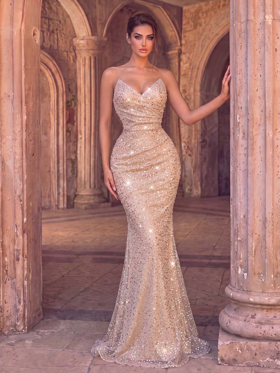 Women's Shiny Sequin Mermaid Evening Gown, Strapless Fitted Waist Long Dress, Suitable For Prom And Formal Occasions - Apricot - View 1