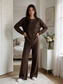 Korean Style Lazy Vertical Stripe Knit 2 Pieces Set, Waist-Cinching Split Top And High-Waist Flared Pants Commuter Outfit - Brown - View 1