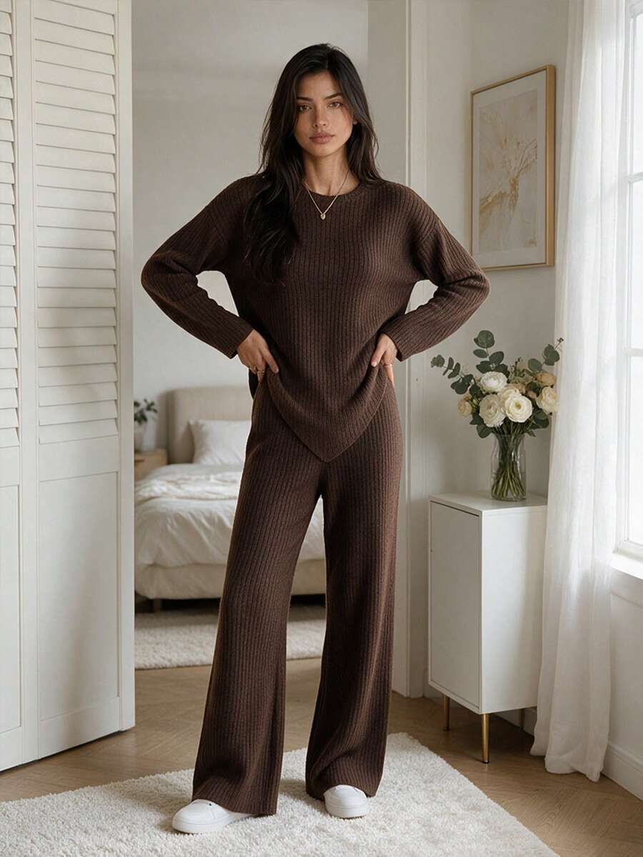 Korean Style Lazy Vertical Stripe Knit 2 Pieces Set, Waist-Cinching Split Top And High-Waist Flared Pants Commuter Outfit - Brown - View 1