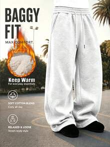 Men's Loose Fit Elastic Drawstring Solid Color Heather Gray Clean Design Flat Seam Side Pocket Soft Knit Thermal Lined Casual Sweatpants, Relaxed Style, Autumn/Winter - Light Grey - View 1