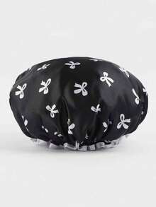 1pc Double-Layer Satin Cute Bow Print Shower Cap, Reusable Waterproof Hair Cap, Suitable For Women And Girls, Elastic Ruffle Design, Soft Silky Hair Protector, Ideal For Shower, Spa, Hair Salon, Hotel And Home Daily Use, Perfect Women's Holiday Gift [1pc] - Multicolor - View 10