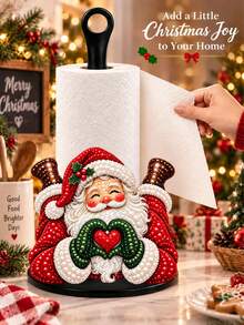 2D FLAT Christmas Decor Kitchen Paper Towel Holder (No Power Light) - Desktop Tabletop Roll Holder With Display And Storage Function, Fun Faux Pearl Painting Santa Claus Heart Shape Design, Suitable For Kitchen, Bathroom, Living Room And Dining Room, Decorative Ornament To Create Warm Christmas Atmosphere. 2D, Not 3D - Multicolor - View 1