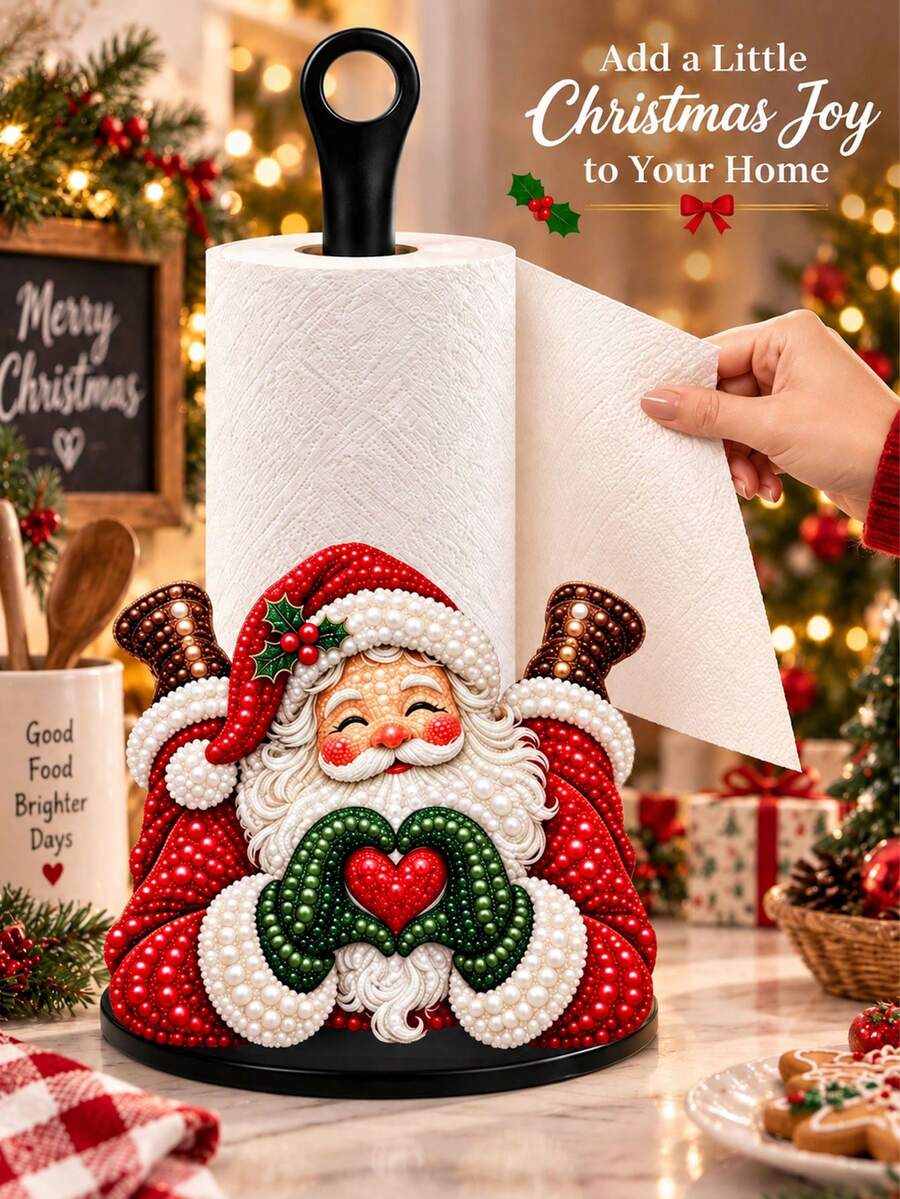 2D FLAT Christmas Decor Kitchen Paper Towel Holder (No Power Light) - Desktop Tabletop Roll Holder With Display And Storage Function, Fun Faux Pearl Painting Santa Claus Heart Shape Design, Suitable For Kitchen, Bathroom, Living Room And Dining Room, Decorative Ornament To Create Warm Christmas Atmosphere. 2D, Not 3D - Multicolor - View 1