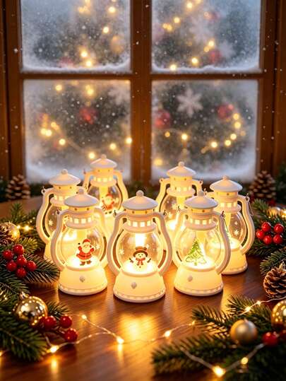 6pcs Christmas Lantern LED Flameless Home Decor Christmas Tree Santa Claus Christmas Festival Atmosphere Lantern Decoration Lights Flameless Warm Light Desktop Christmas Print Pattern Ornament Small Lights Suitable For Holiday Atmosphere