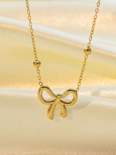 1pc Minimalist Gold Bow Pendant Necklace, Niche Polished Round Bead Collarbone Chain, Versatile Delicate Neck Accessory For Daily Commute