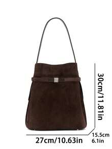 Women's Suede Shoulder Bag, Minimalist Lace-Up Large Capacity Tote, Long Strap Design, Adjustable Shoulder Strap Crossbody Bag, Casual Daily Commute Work Bag - Coffee - View 3