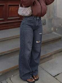 Plus Size Women's Straight Leg Jeans With Elastic Waistband, Casual Spring/Autumn Style - Grey - View 2