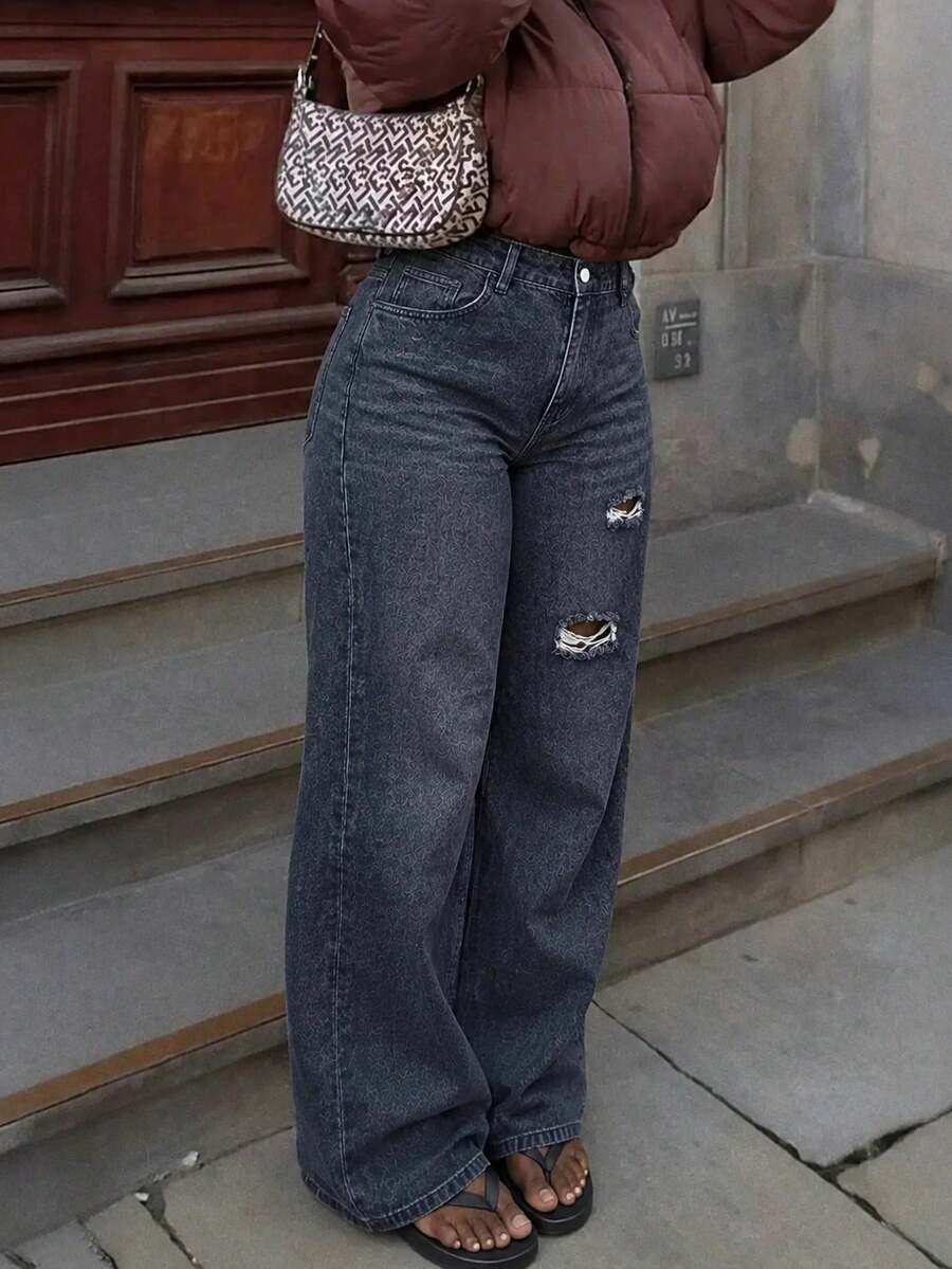 Plus Size Women's Straight Leg Jeans With Elastic Waistband, Casual Spring/Autumn Style