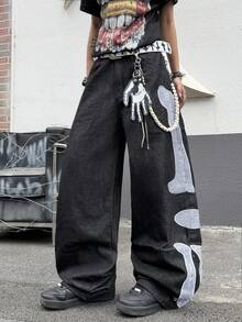 1pc Casual Loose Fit Embroidered Wide Leg Jeans, Comfortable American Street Style Pants, Suitable For All Seasons (No Belt Or Accessories) - الأسود - مشاهدة 4