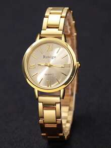 2PCS/1PC-Watch Optional Women's Gold Stainless Steel Strap Wristwatch Set, Classic Vintage Style, Roman Numeral Dial Minimalist Elegant, Paired With Hollow Heart Gold Women's Bracelet, Elegant Luxury Hand Accessory, Luxury Women's Gift, Suitable For Graduation Anniversary Gift, Exquisite Elegant Women's Accessory Set. - Gold - View 5