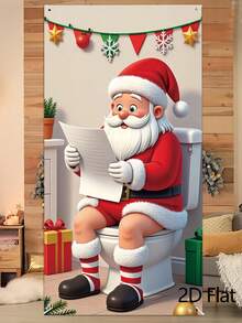 1pc 2D Christmas Theme Door Flag/Party Banner/Hanging Flag, Featuring Santa Claus Using Toilet, Suitable For Indoor/Outdoor Christmas Home Decor, New Year Party, Photo Props, Winter Theme Party - Style 1 - View 2