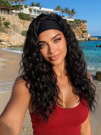 24 Inch Black Headband Water Wave Long Curly Wig, Voluminous And Lively Long Curls, Suitable For Beach Vacation, Travel Photography, Daily Wear, Party Gathering, Full And Dimensional Curls, Easy For Beginners To Wear, Women's Wig