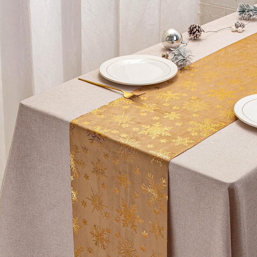 1pc Gold Foil Velvet Polyester Snowflake Christmas Table Runner, Home Kitchen Dining Room Christmas Holiday Decor - Gold - View 1