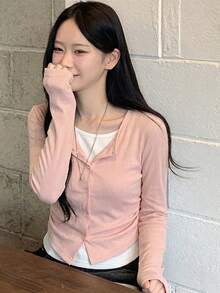 YCYC 韓式休閒百搭修身輕量女款假兩件式鈕扣針織開襟衫 - 粉色 - 查看 1