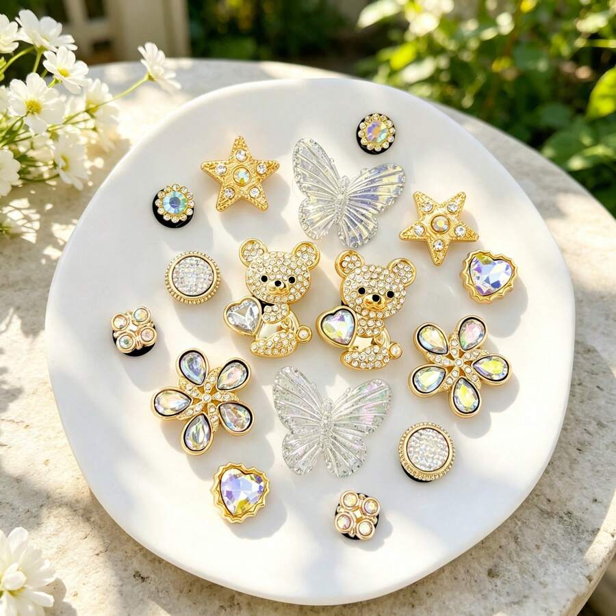 16pcs Gold Bear & Butterfly DIY Shoe Decor, Casual ABS Plastic (ABS Resin) Animal Home Decor For All Seasons - Gold - View 1