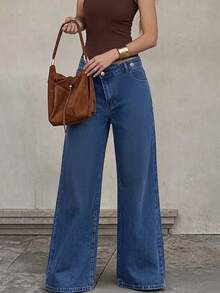 Asymmetrical Waistband Denim Jeans For Women, New Mid-Waist Design With Diagonal Buttons, Straight Leg Long Pants - Dark Wash - View 7