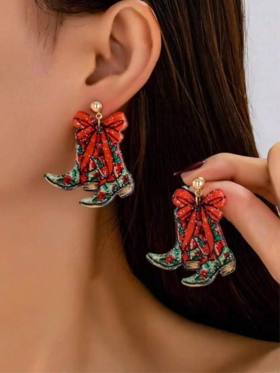 1 Pair Denim Boot Pendant Earrings With Bow Decoration, Christmas Jewelry Gift For Women - Red - View 1