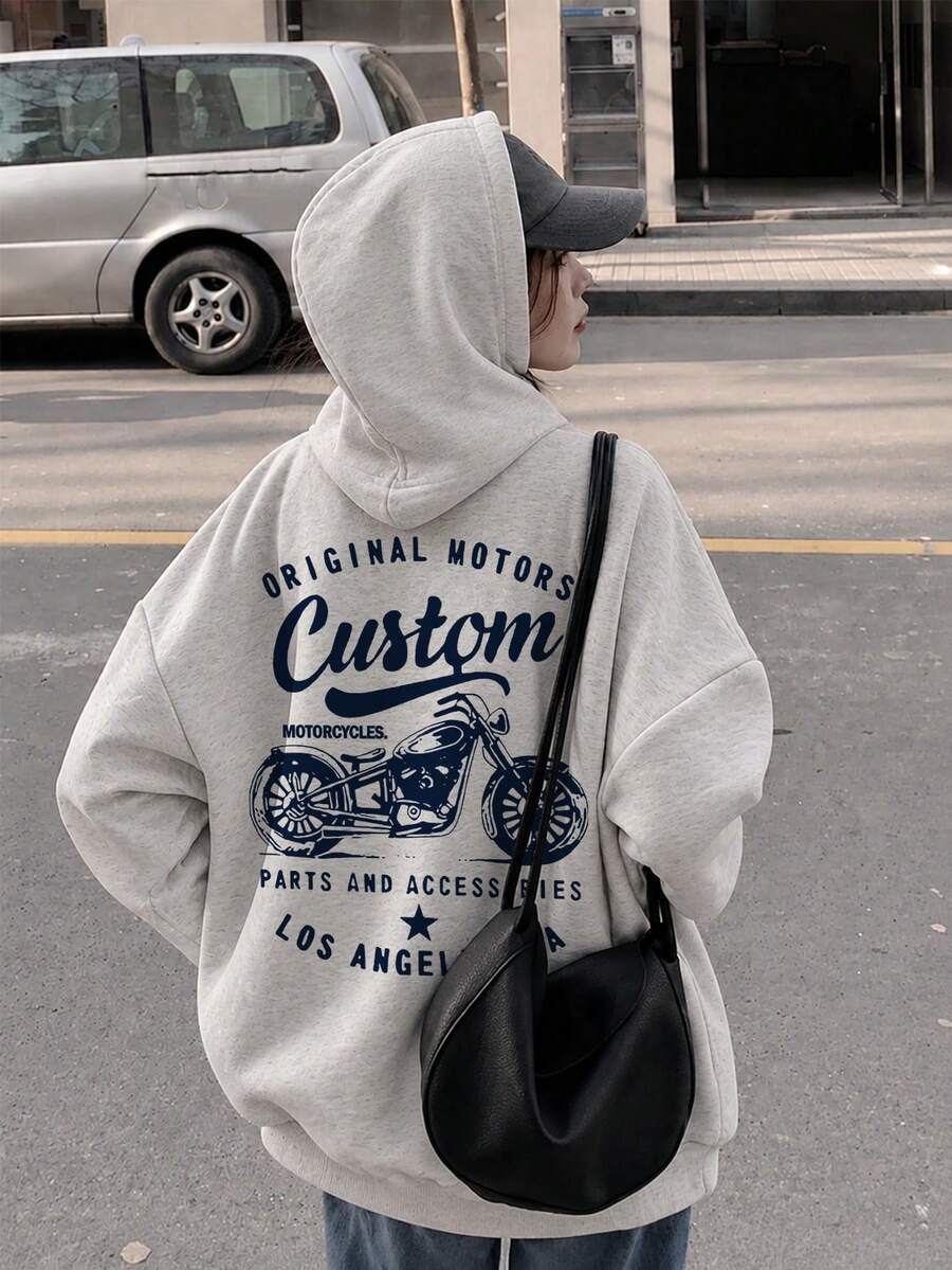 Women's Casual Loose Fit Motorcycle Letter Print Sweatshirt With Thermal Lining, Versatile For Autumn/Winter - Light Grey - View 1