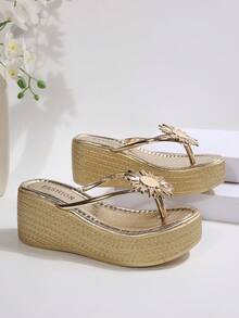 Women's Gold Metal Buckle Decor Wedge Platform Sandals, Waterproof Toe-Clip Flip Flops, Beach Vacation Daily Wear Height-Increasing Thong Sandals - Gold - View 7