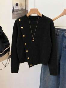 Elegant Women's Grey Long Sleeve Sweater, Rib-Knit With Stylish Asymmetrical Design And Gold Button Embellishments For Fall Winter - Black - View 9