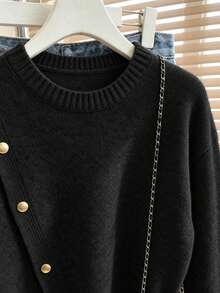 Elegant Women's Grey Long Sleeve Sweater, Rib-Knit With Stylish Asymmetrical Design And Gold Button Embellishments For Fall Winter - Black - View 4