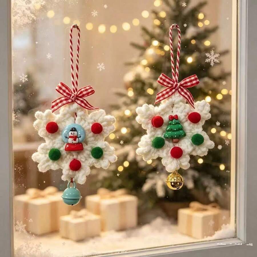 1pc Christmas Decorations Handmade Knitted Christmas Snowflake Ornament Yarn Snowflake Decor Christmas Tree Window Hanging Bell Ornament Christmas - Multicolor - View 1