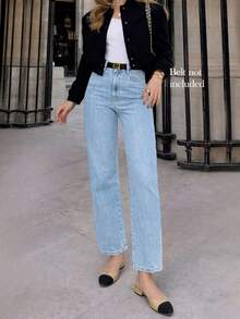 Women's Light Blue Denim Straight Leg Pants, Button Detail, Mid-Stretch Casual Trousers, Suitable For Daily Fashion Wear - Medium Blue - View 1