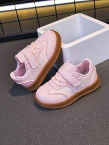 Giày sneaker thường ngày cho bé gái mùa xuân/thu, thêu nơ, quai dán dễ xỏ, mũi tròn bảo vệ ngón chân, da bò, đế mềm chống trượt, cho bé tập đi, mầm non, đi học và dùng hàng ngày đa năng - Hồng - Xem 10