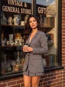 Women's 2 Pieces Solid Color Button Front Long Sleeve Blazer And Skirt Set, Casual Office School Spring Autumn Outfit - Grey - View 6
