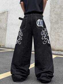 1pc Casual Loose Fit Embroidered Straight Leg Jeans, American Street Style, Suitable For All Seasons, No Belt & Accessories - الأسود - مشاهدة 2