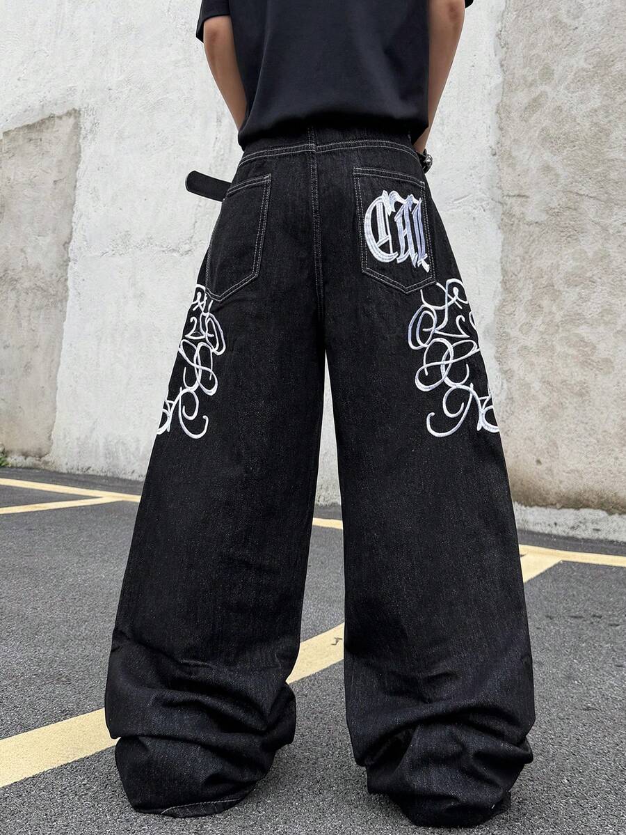 1pc Casual Loose Fit Embroidered Straight Leg Jeans, American Street Style, Suitable For All Seasons, No Belt & Accessories - Black - View 1