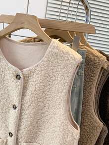 YUXIN Women's Autumn/Winter Essential! Soft Faux Lamb Fleece Sleeveless Cardigan Vest, Dual Pocket Design, Super Warm & Versatile, Suitable For Daily Wear - Apricot - View 7